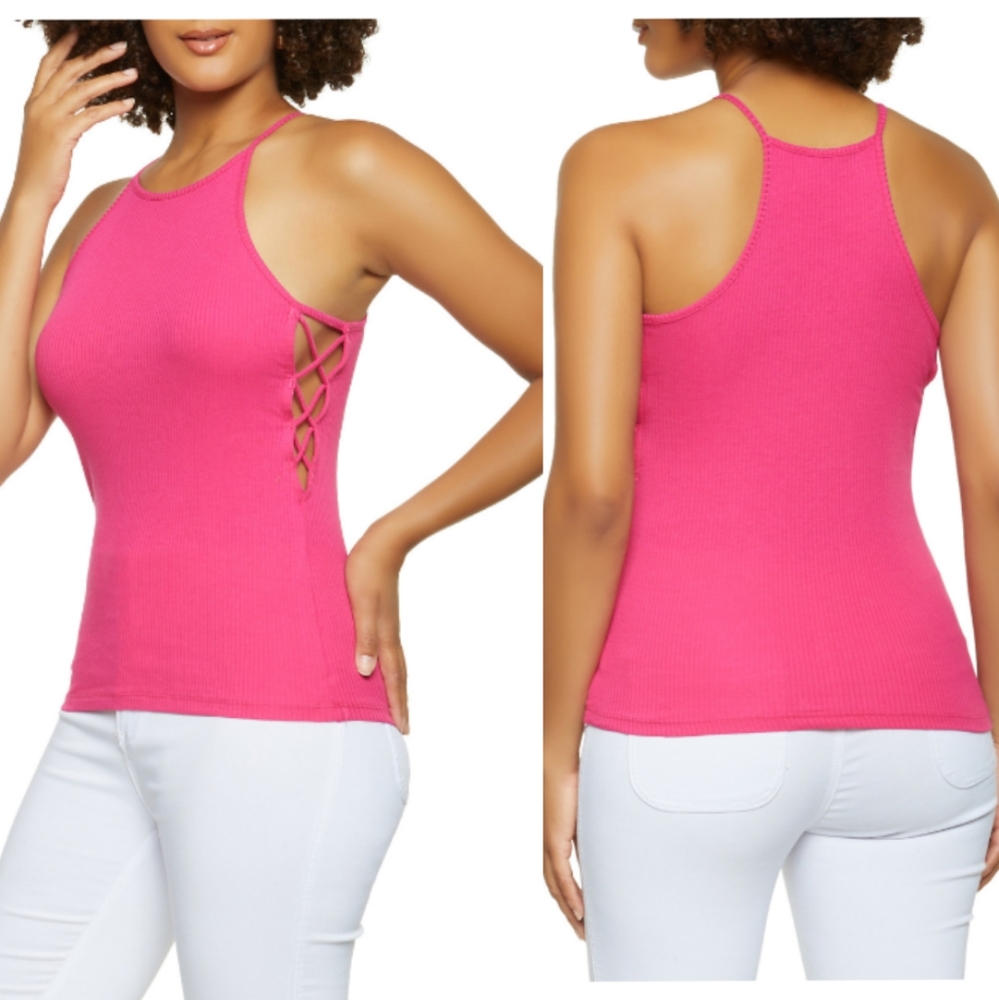 Pink high neck rib cutout sides halter tank top